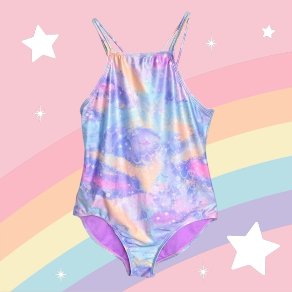 Girls Mermaid Shimmer Pastel Colors One-Piece Swimsuit Crisscross Back 14/16 - Picture 6 of 16